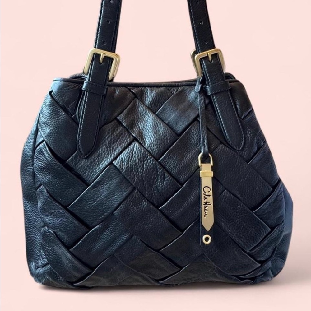 Cole Haan Large Black Woven Leather Hobo Shoulder Bag Purse with Gold Hardware